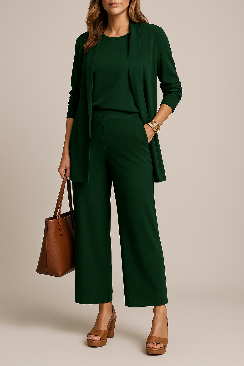 Stijlvol Verfijnd Driedelig Damespak met Blazer, Top en Pantalon