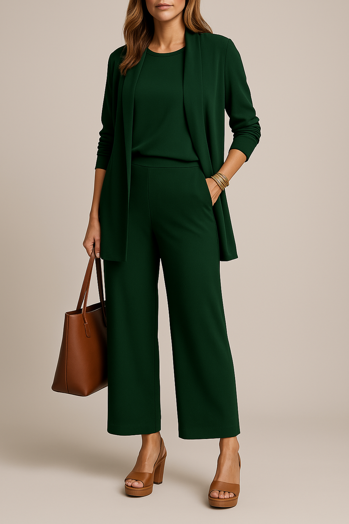 Stijlvol Verfijnd Driedelig Damespak met Blazer, Top en Pantalon