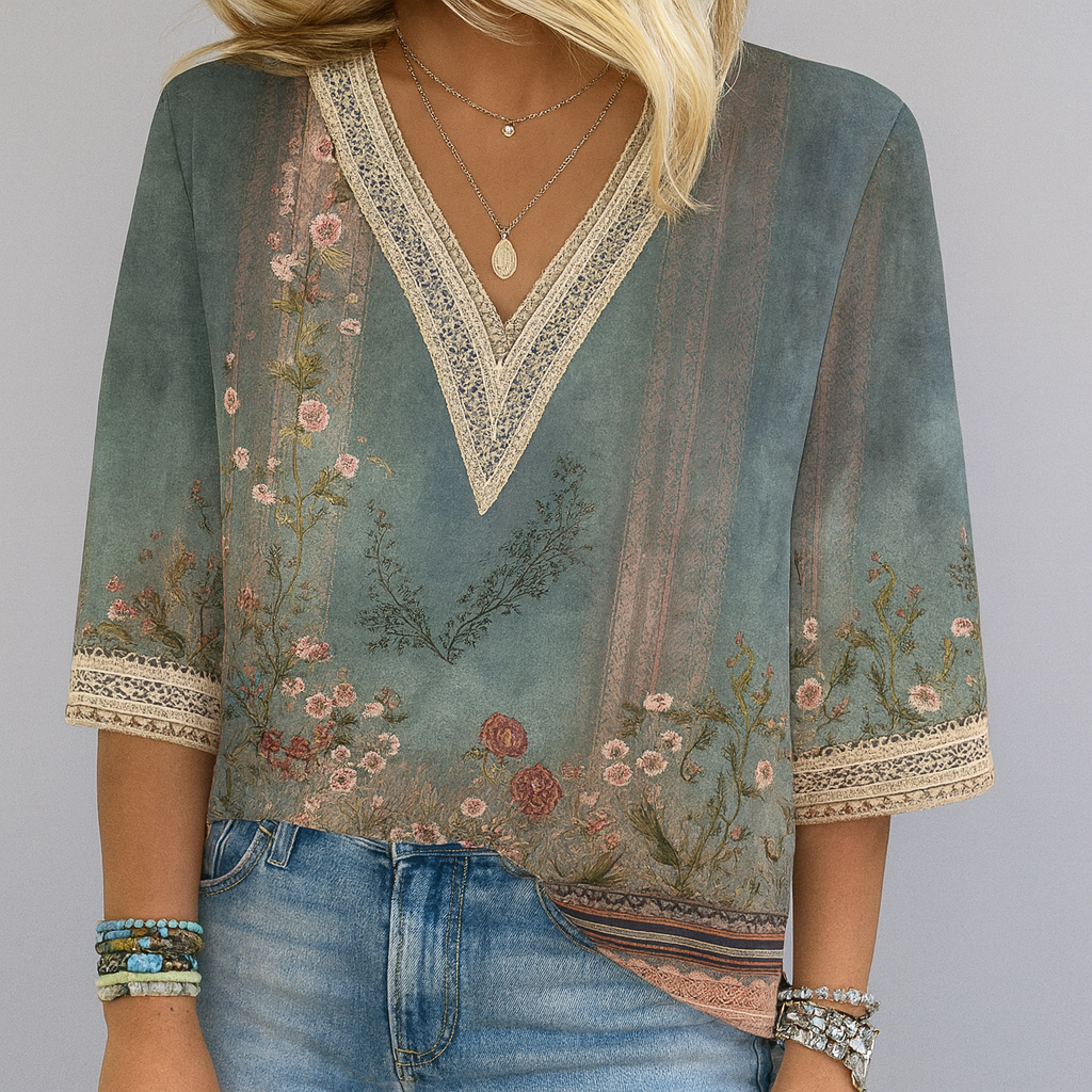 Bedrukte losse V-hals blouse