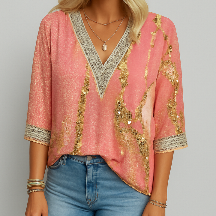 Bedrukte losse V-hals blouse