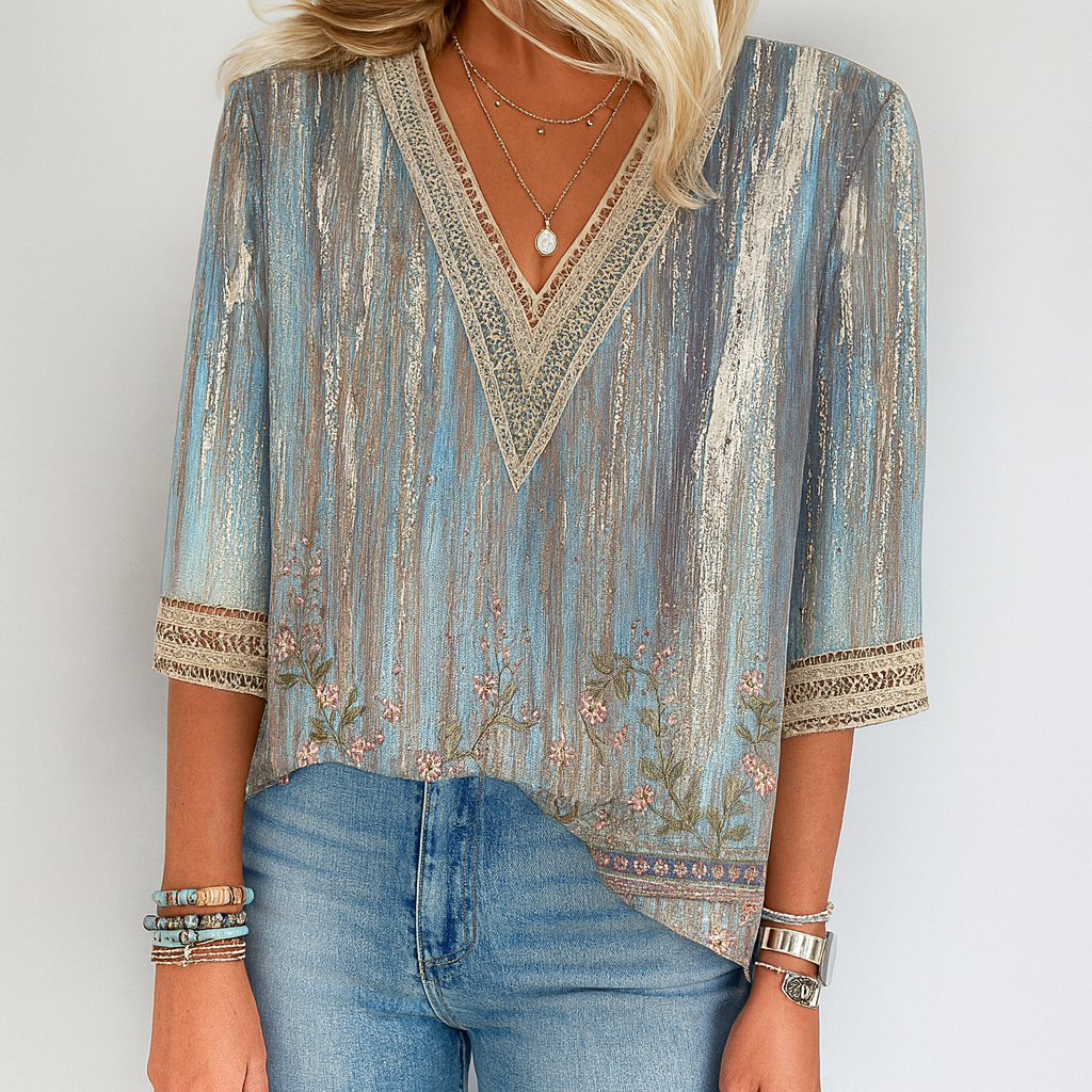 Bedrukte losse V-hals blouse