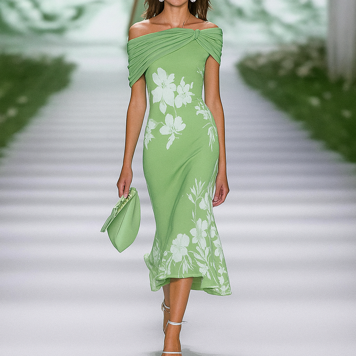 Off-shoulder gedrapeerde bloemenjurk