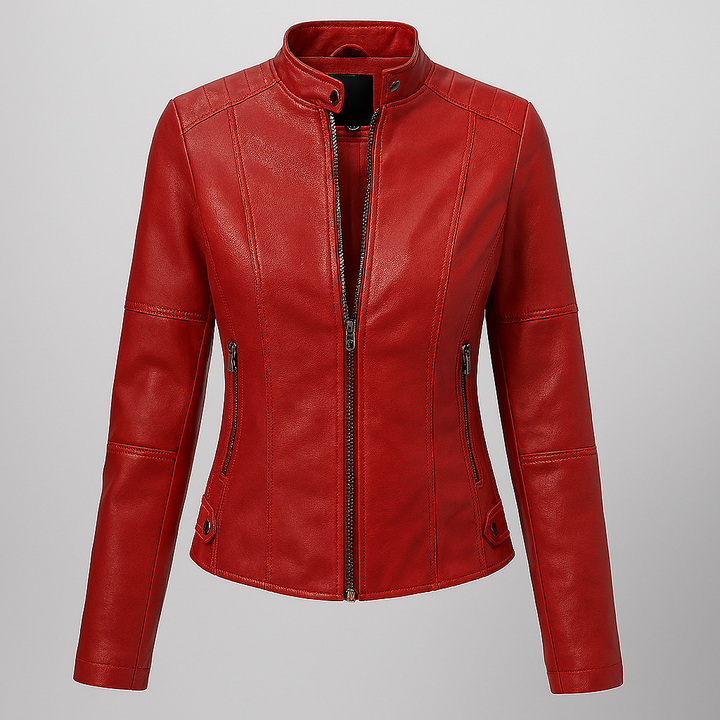 Getailleerd rood leren motorjack voor dames