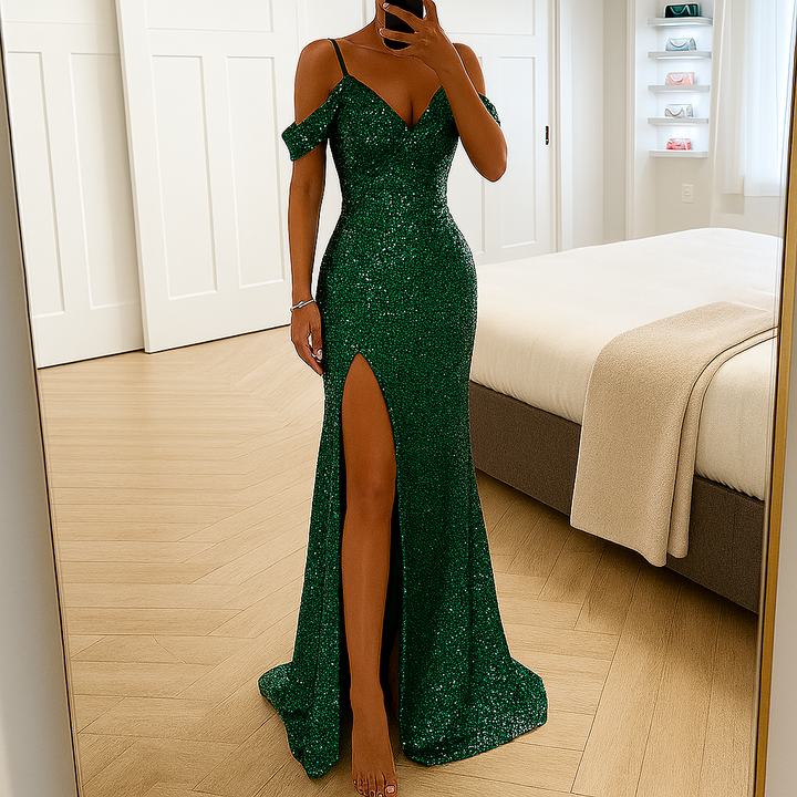 Elegante maxi-jurk met off-shoulder pailletten