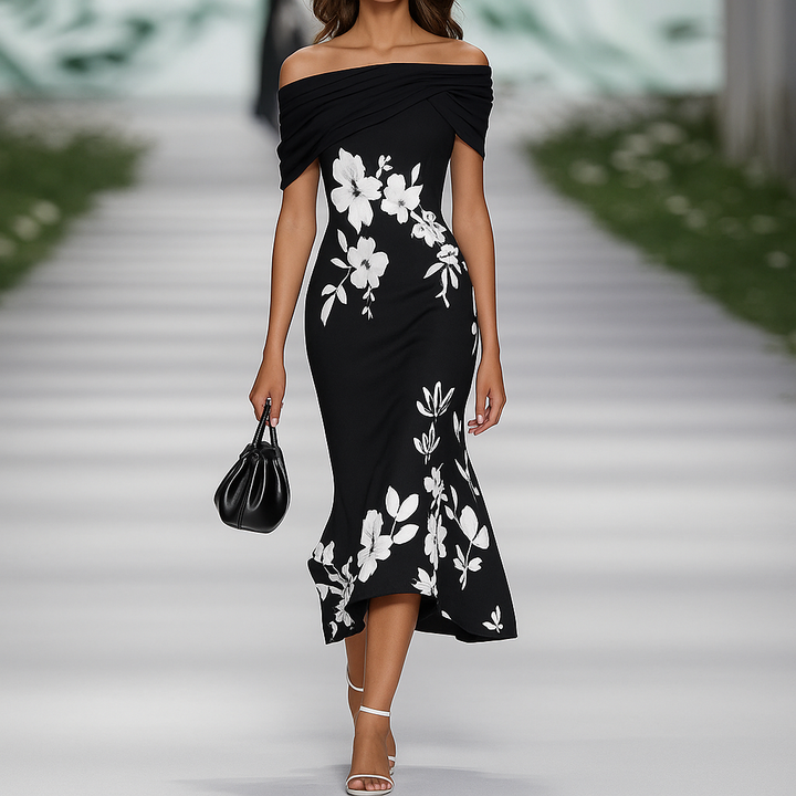 Off-shoulder gedrapeerde bloemenjurk