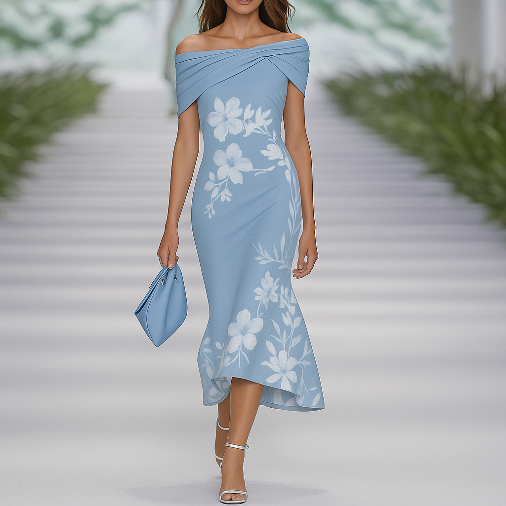 Off-shoulder gedrapeerde bloemenjurk