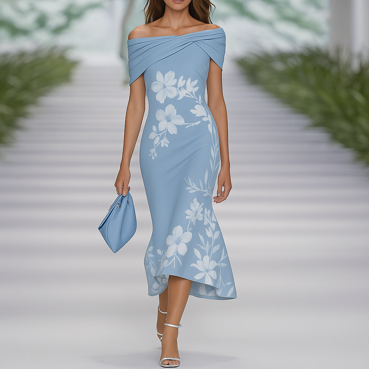 Off-shoulder gedrapeerde bloemenjurk