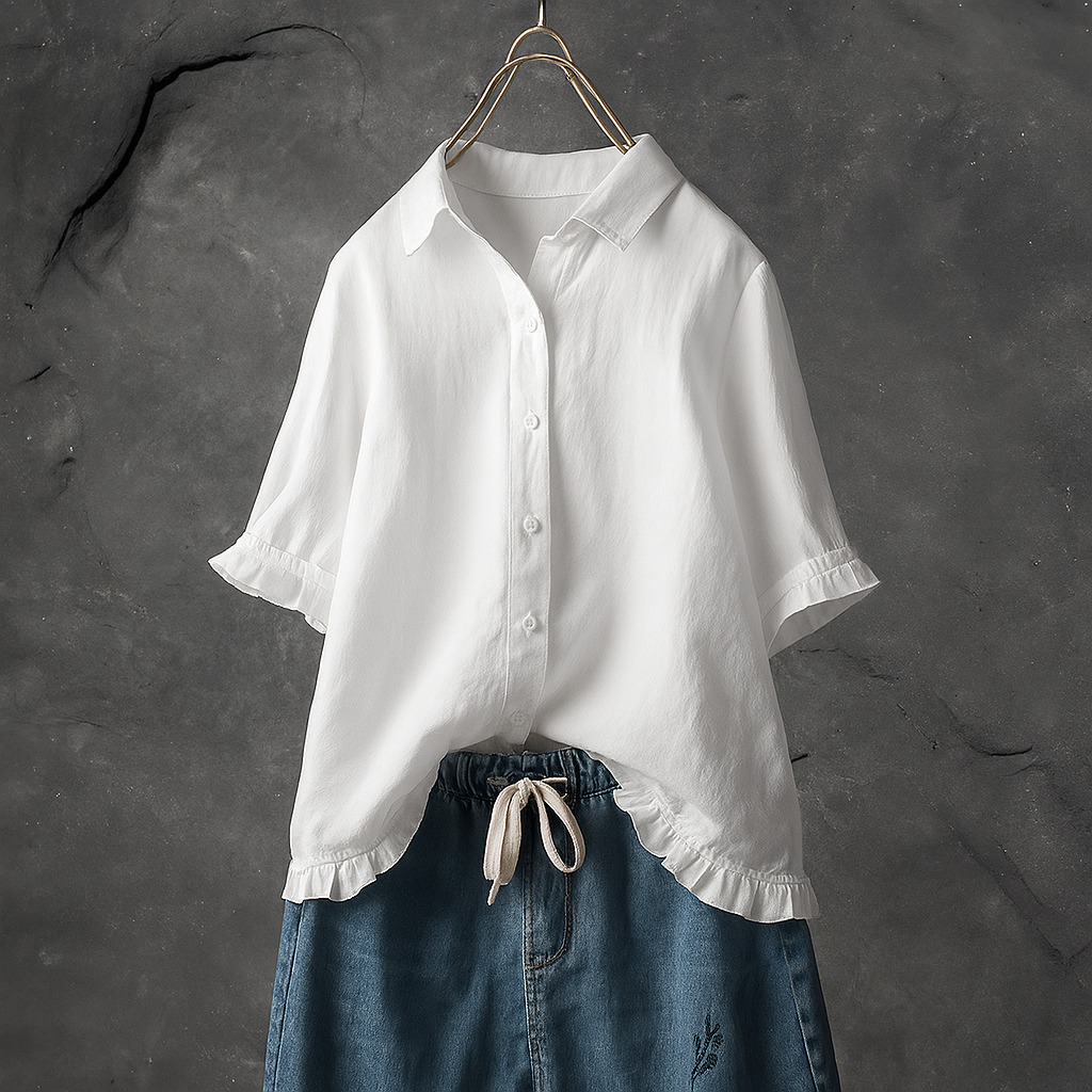 Katoenen blouse met knopen en geplooide zoom