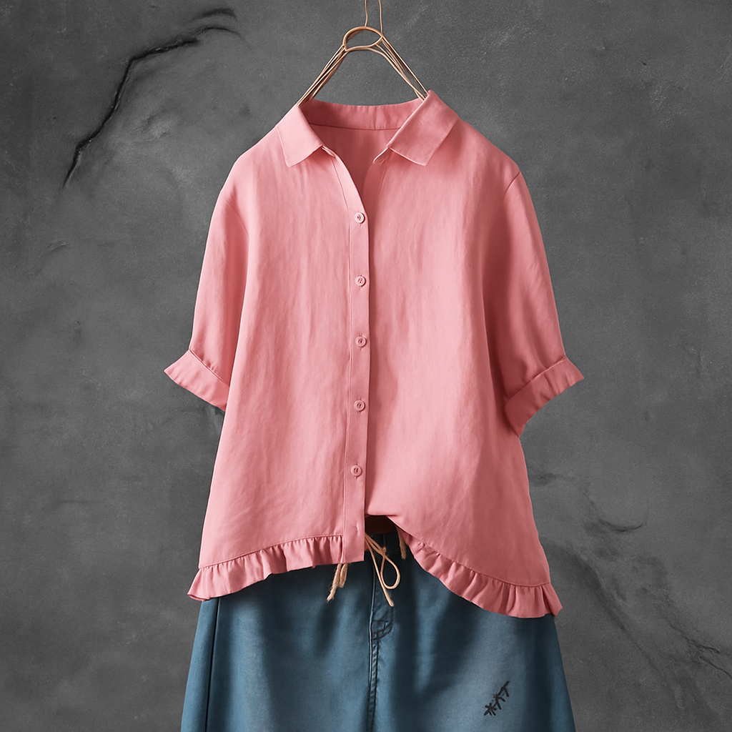 Katoenen blouse met knopen en geplooide zoom