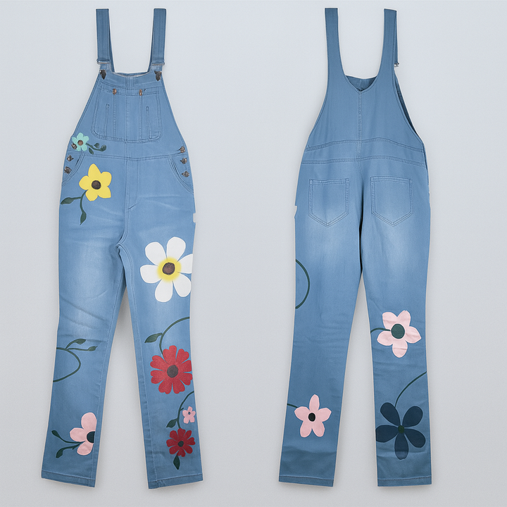 Dames jumpsuit van denim met bloemenprint