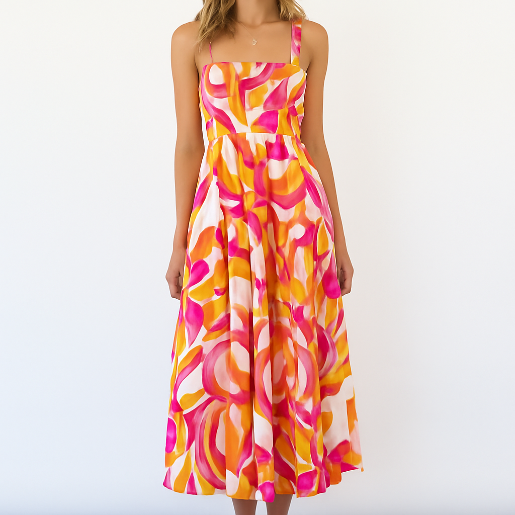 Soepelvallende vintage jurk met spaghettibandjes en print
