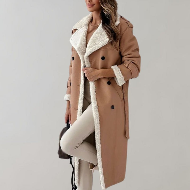 Khaki lange winterjas met gevoerde binnenkant voor dames