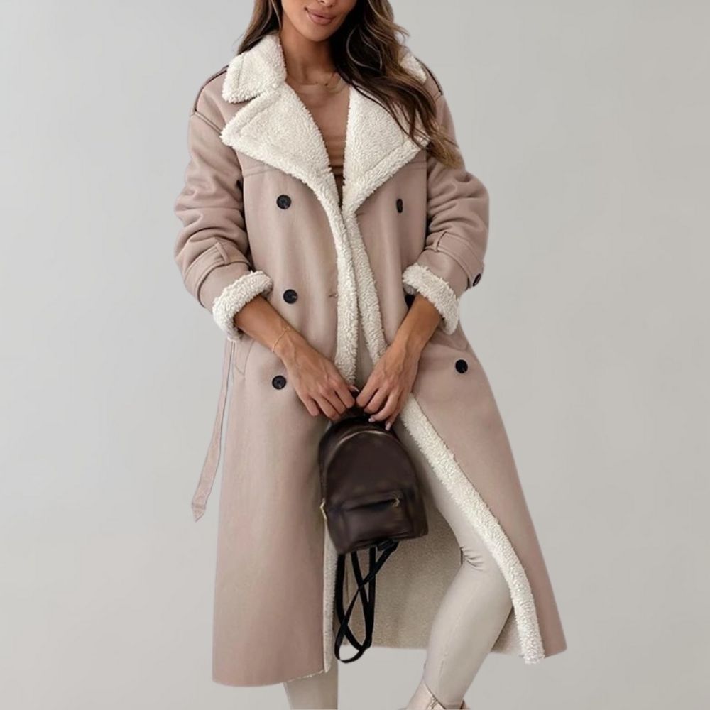 Beige lange winterjas met gevoerde binnenkant voor dames