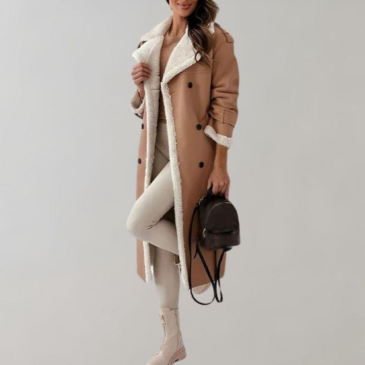 Khaki lange winterjas met gevoerde binnenkant voor dames