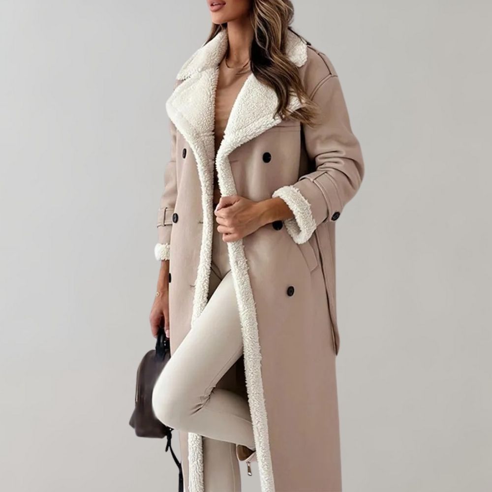 Beige lange winterjas met gevoerde binnenkant voor dames