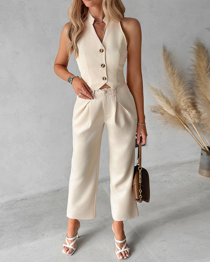 Tweedelige Dames Set met Gilet Top en Pantalon