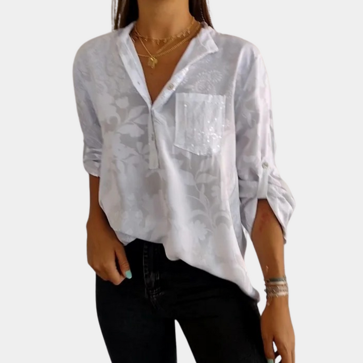 Damesblouse met verstelbare mouwen, witte kleur, bloemenpatroon, casual stijl, geschikt voor dagelijks gebruik, modieuze en comfortabele pasvorm.