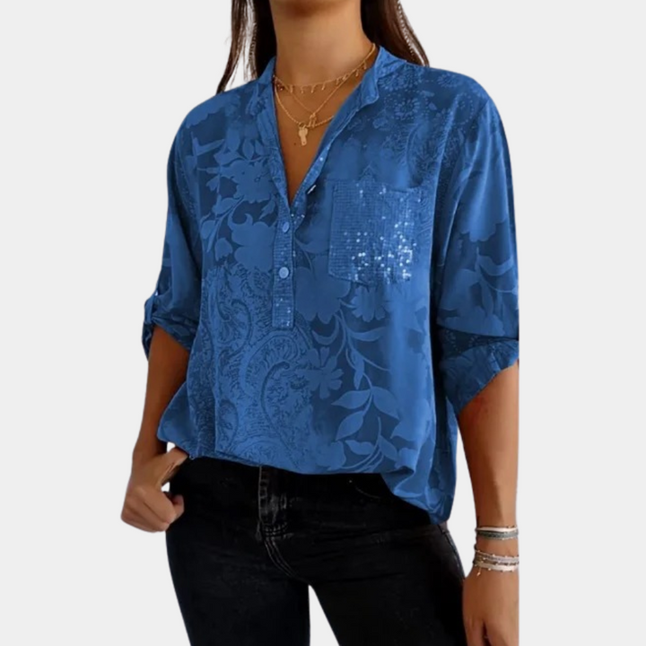 Damesblouse met verstelbare mouwen, blauwe bloemenprint, V-hals, borstzak, casual en elegant, perfect voor dagelijks gebruik en kantoor.