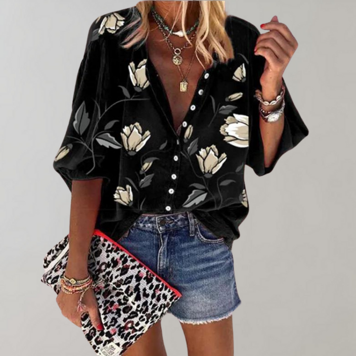 Losvallende Blouse met Print en Opstaande Kraag