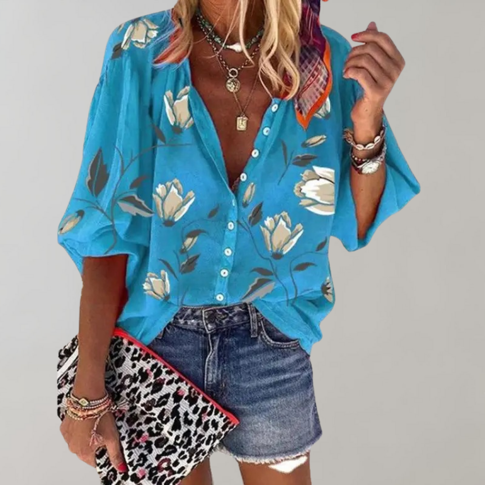 Losvallende Blouse met Print en Opstaande Kraag