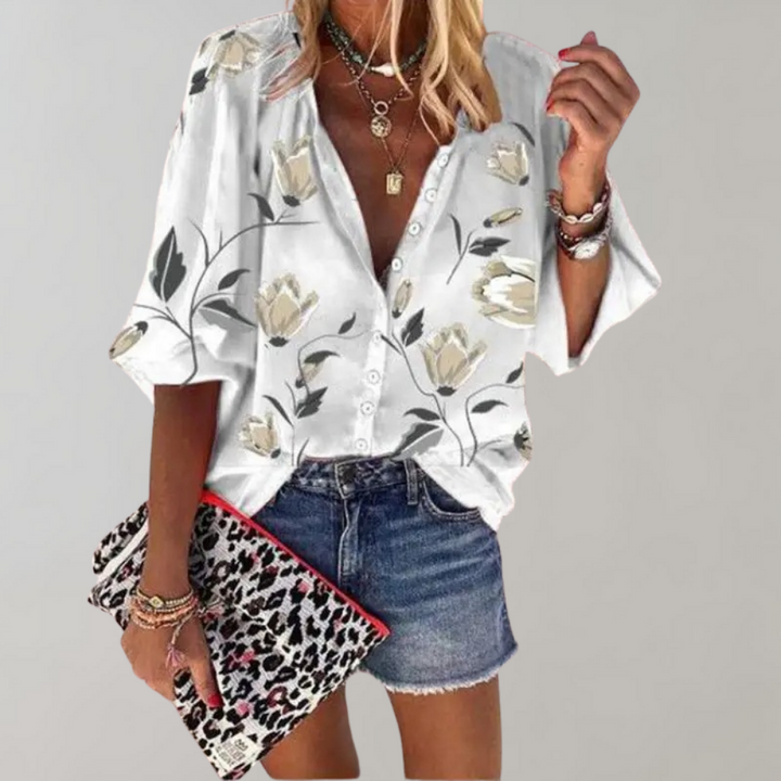Losvallende Blouse met Print en Opstaande Kraag