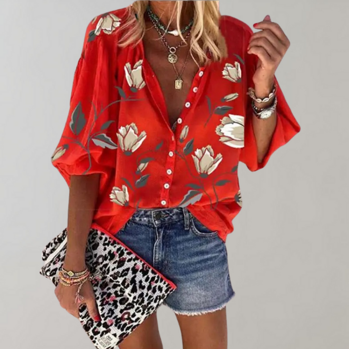 Losvallende Blouse met Print en Opstaande Kraag