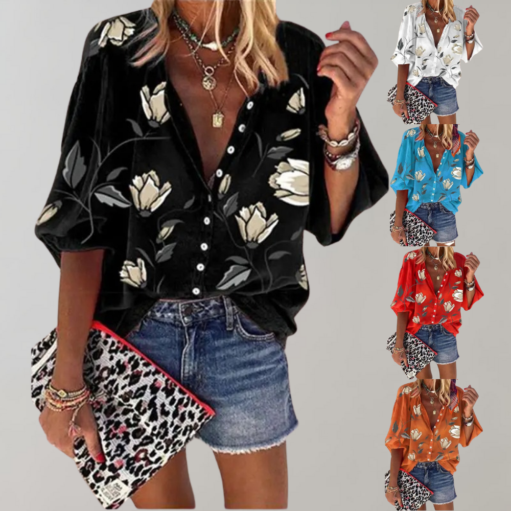 Losvallende Blouse met Print en Opstaande Kraag