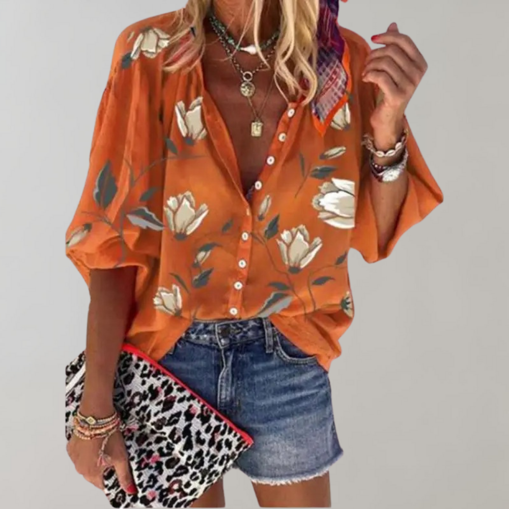 Losvallende Blouse met Print en Opstaande Kraag