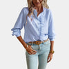 Gestreepte Dames Blouse met Ruches en Elegante Knoopsluiting
