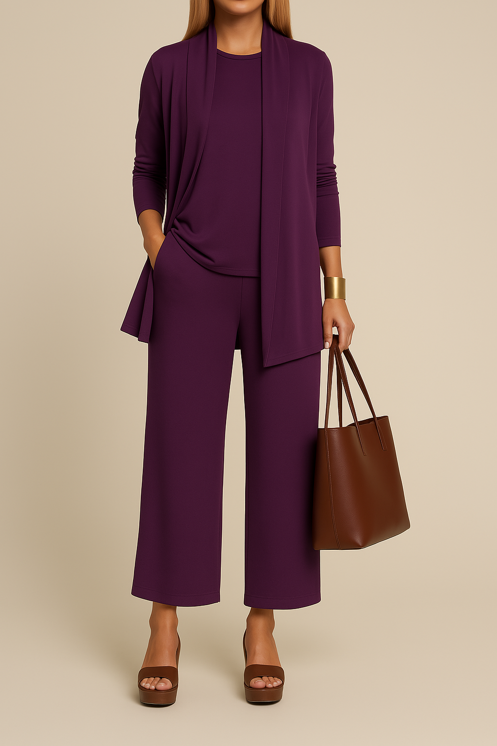 Stijlvol Verfijnd Driedelig Damespak met Blazer, Top en Pantalon