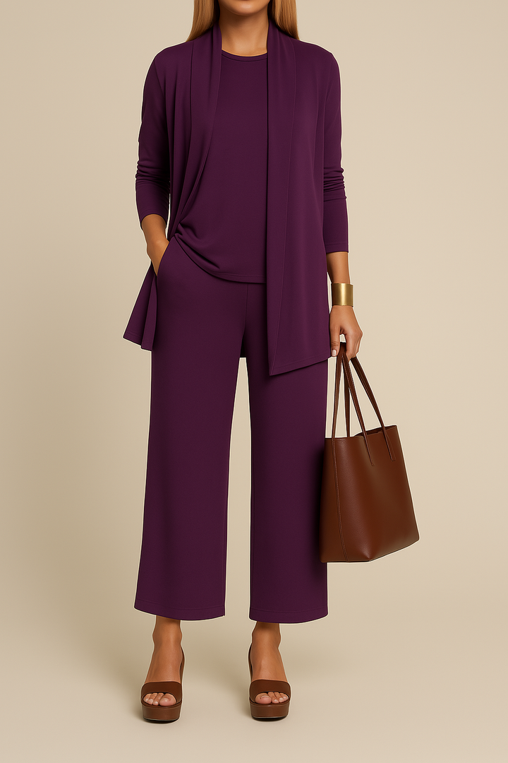 Stijlvol Verfijnd Driedelig Damespak met Blazer, Top en Pantalon