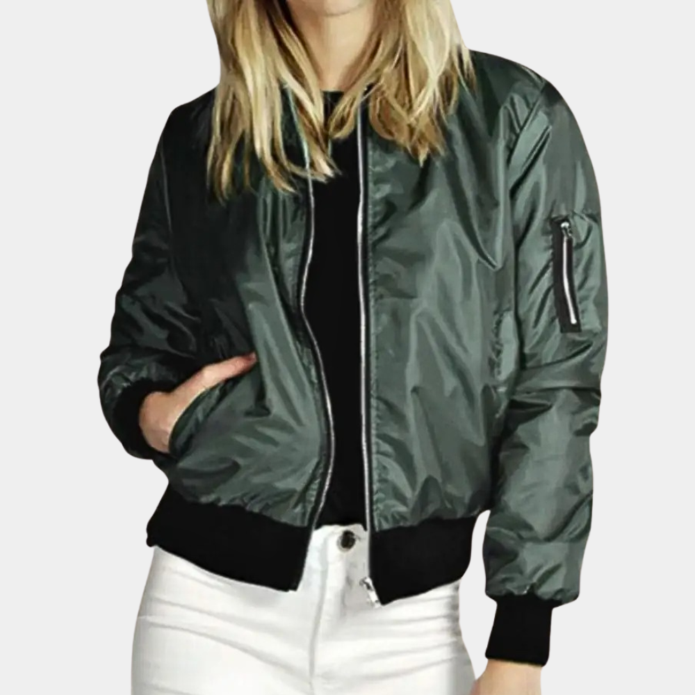 Dames zomerjas, groene bomberjack met ritssluiting, lange mouwen en zakken. Modieuze jas voor vrouwen, perfect voor lente en zomer.