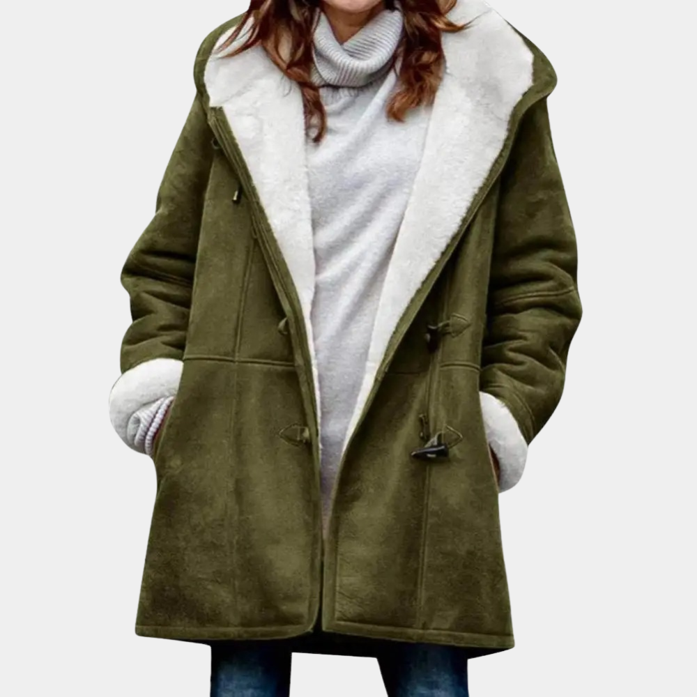 Lange groene winterjas met capuchon voor dames