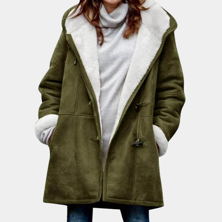 Lange groene winterjas met capuchon voor dames