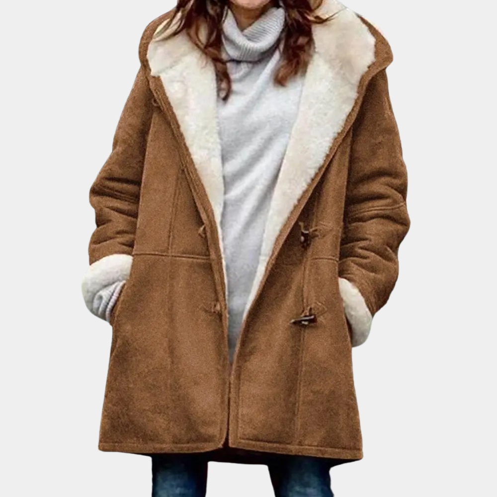 Lange bruine winterjas met capuchon voor dames