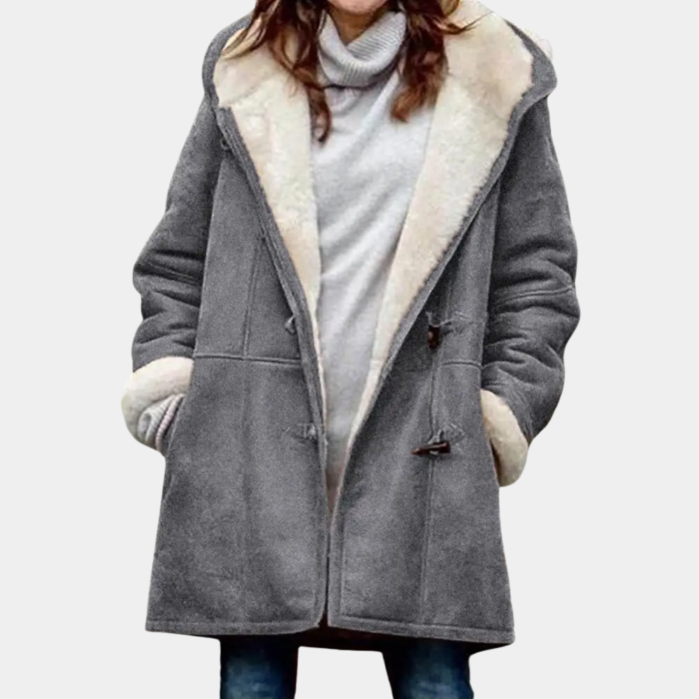 Lange grijze winterjas met capuchon voor dames