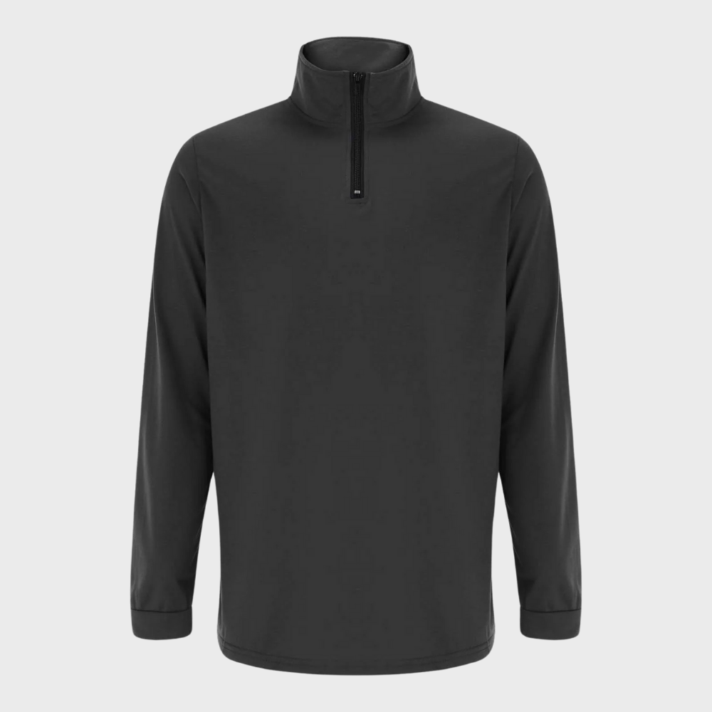Zwarte heren trui met halve rits, lange mouwen en opstaande kraag. Perfect voor casual en sportieve gelegenheden. Comfortabele en stijlvolle pasvorm.