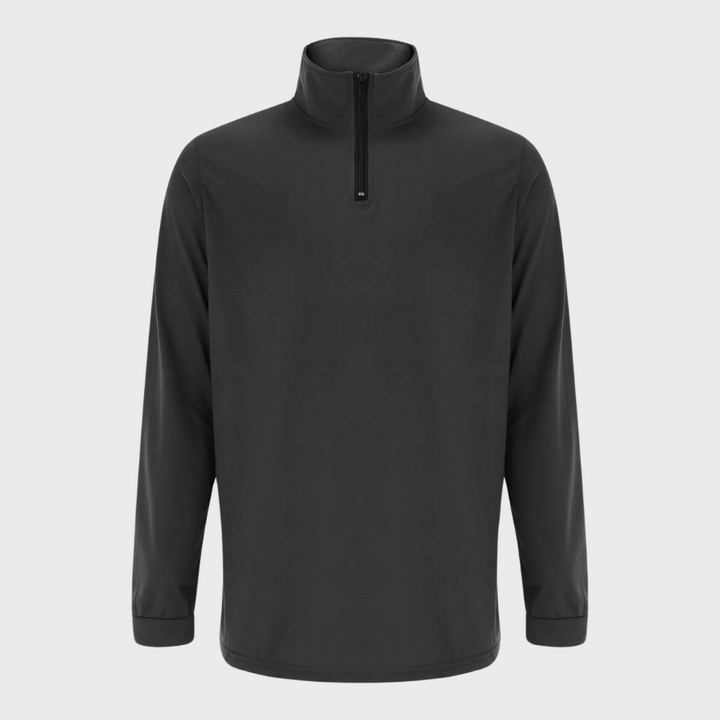 Zwarte heren trui met halve rits, lange mouwen en opstaande kraag. Perfect voor casual en sportieve gelegenheden. Comfortabele en stijlvolle pasvorm.