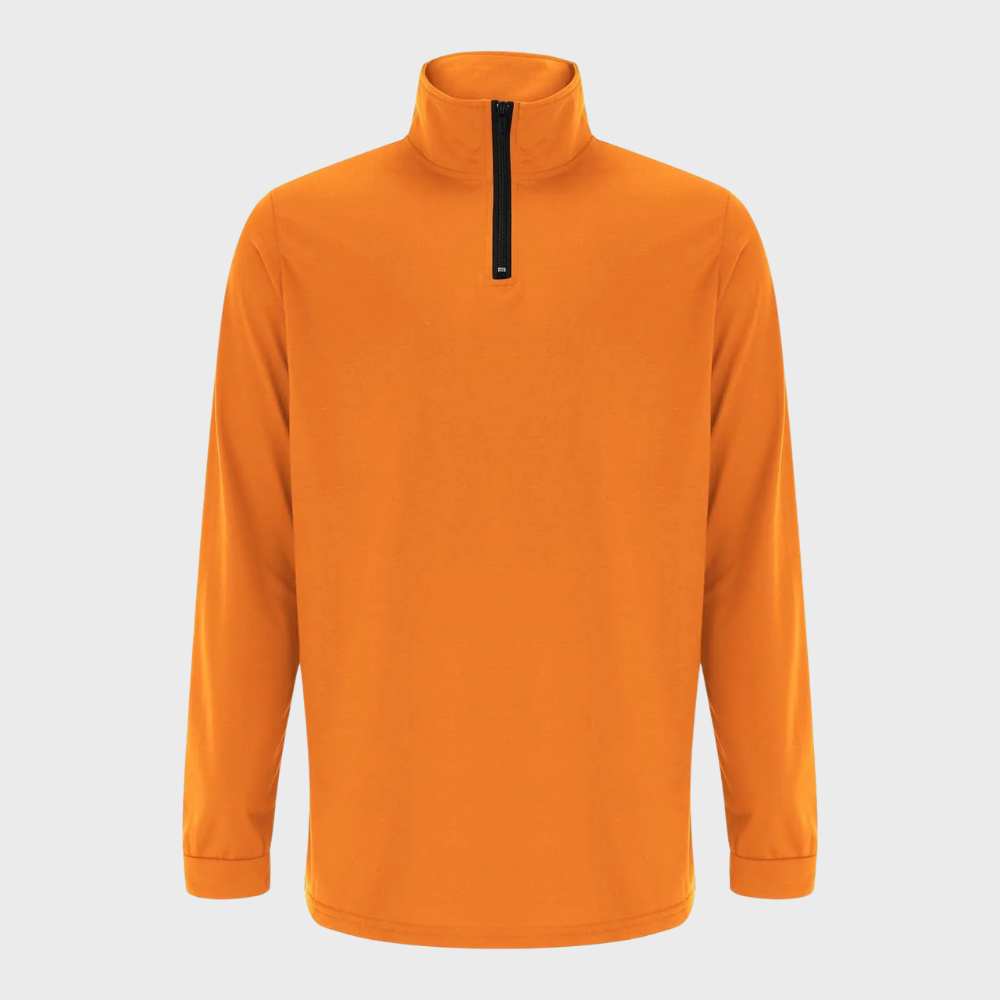 Oranje heren trui met halve rits, lange mouwen en opstaande kraag. Perfect voor casual en sportieve gelegenheden. Comfortabele pasvorm.