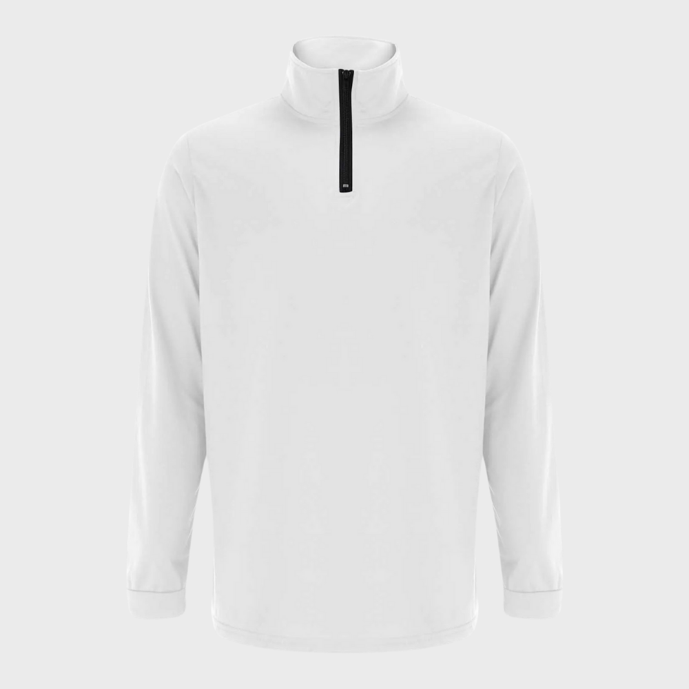 Witte heren trui met halve rits, lange mouwen en opstaande kraag. Perfect voor casual en sportieve gelegenheden. Comfortabele pasvorm.