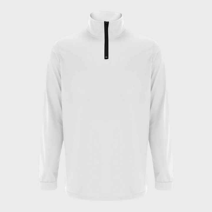 Witte heren trui met halve rits, lange mouwen en opstaande kraag. Perfect voor casual en sportieve gelegenheden. Comfortabele pasvorm.