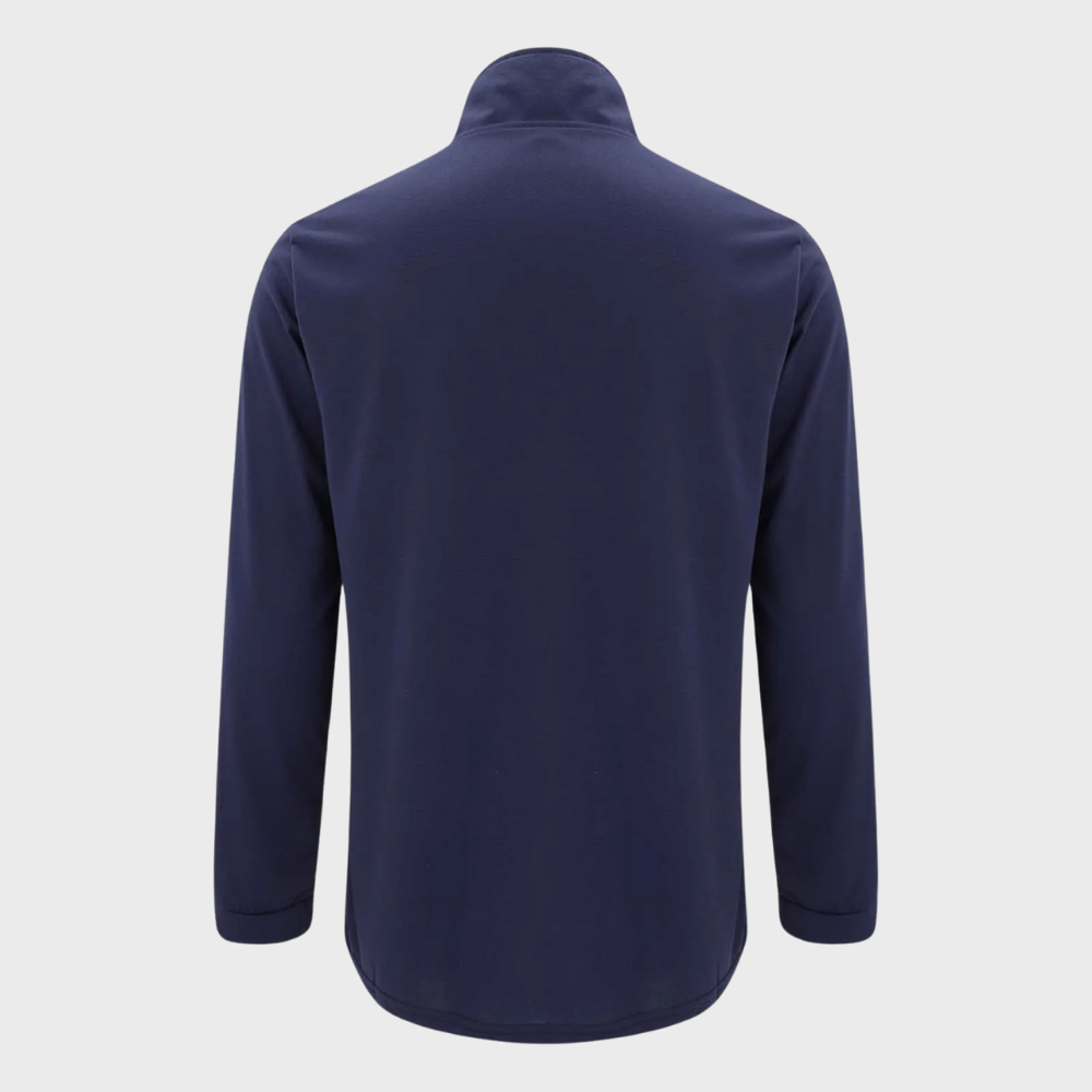 Donkerblauwe heren trui met lange mouwen en opstaande kraag, gemaakt van zachte stof. Perfect voor casual en formele gelegenheden.