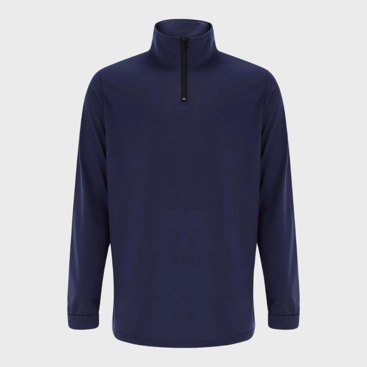 Donkerblauwe heren trui met halve rits, lange mouwen en opstaande kraag. Perfect voor casual en sportieve gelegenheden. Comfortabel en stijlvol.