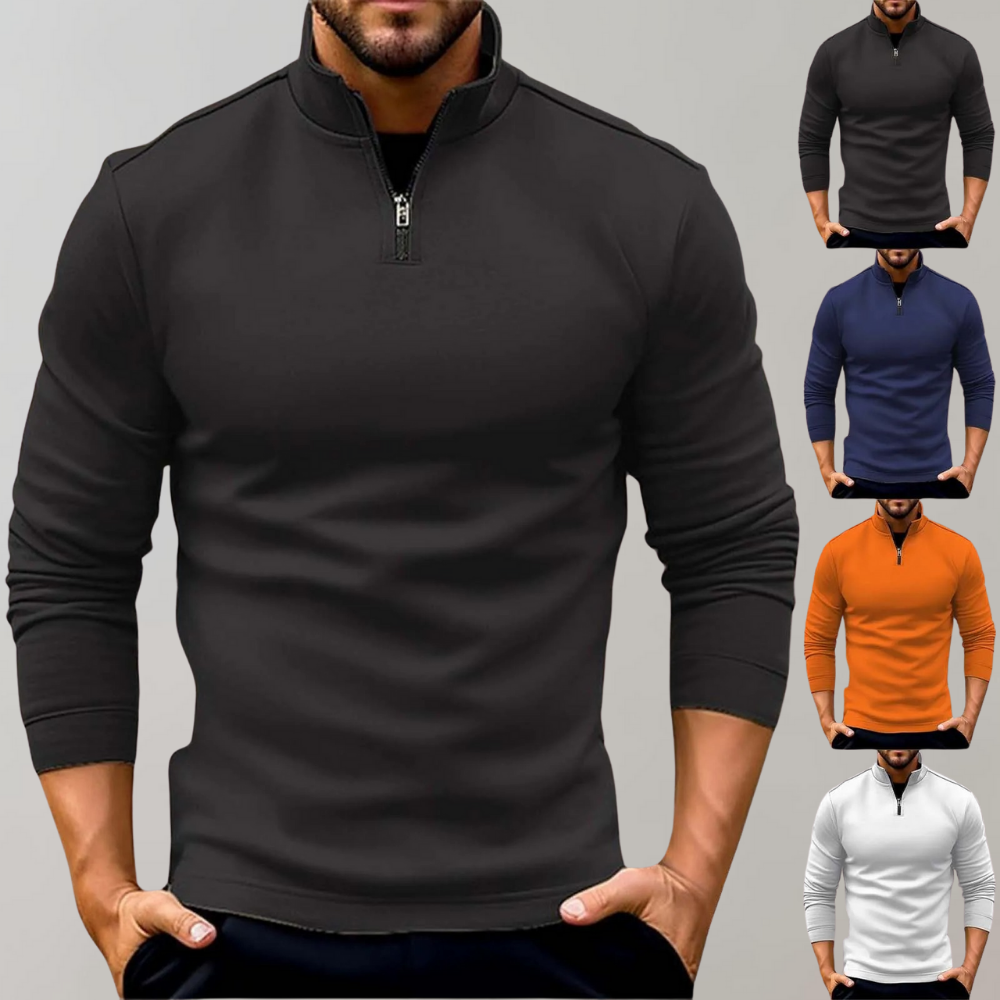Afbeelding van een herentrui met halve rits in vijf kleuren: zwart, donkergrijs, blauw, oranje en wit. Comfortabele pasvorm, ideaal voor casual outfits.