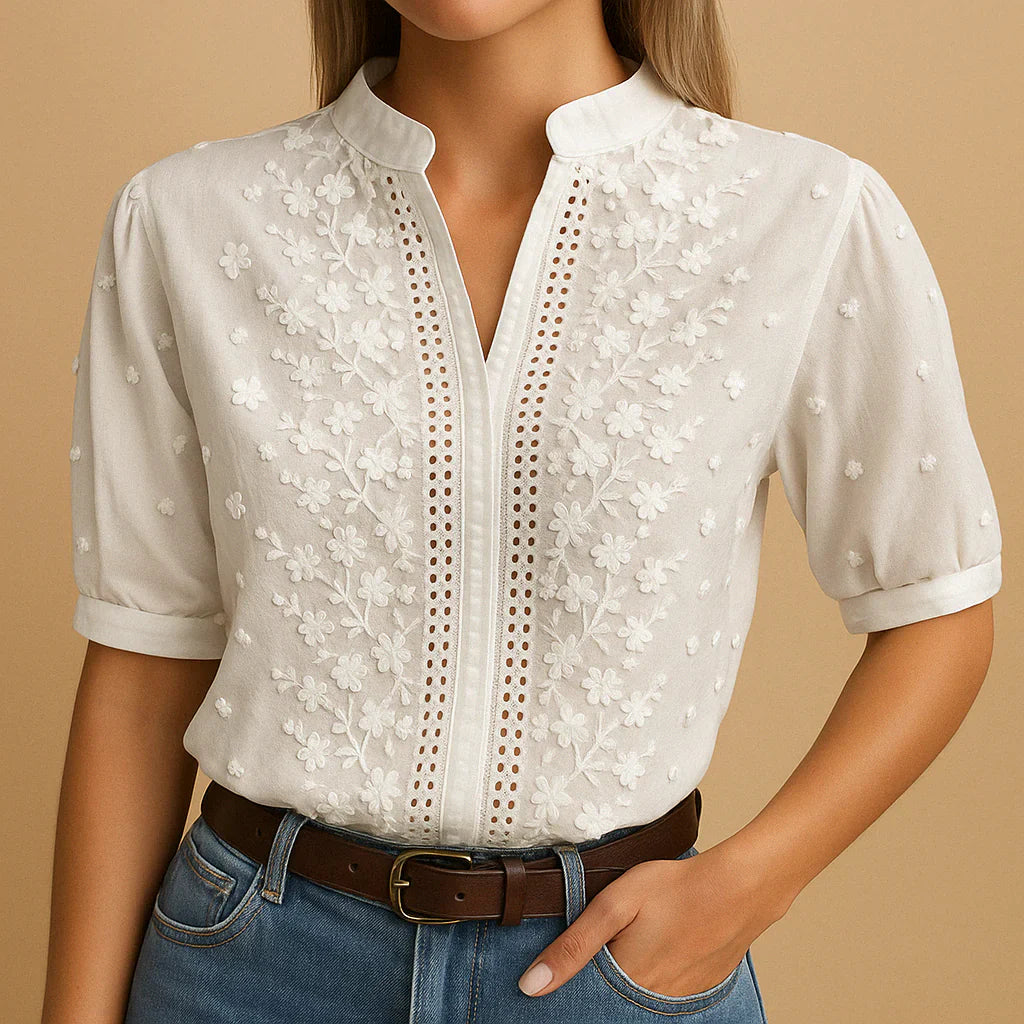 Geborduurde witte blouse met opstaande kraag