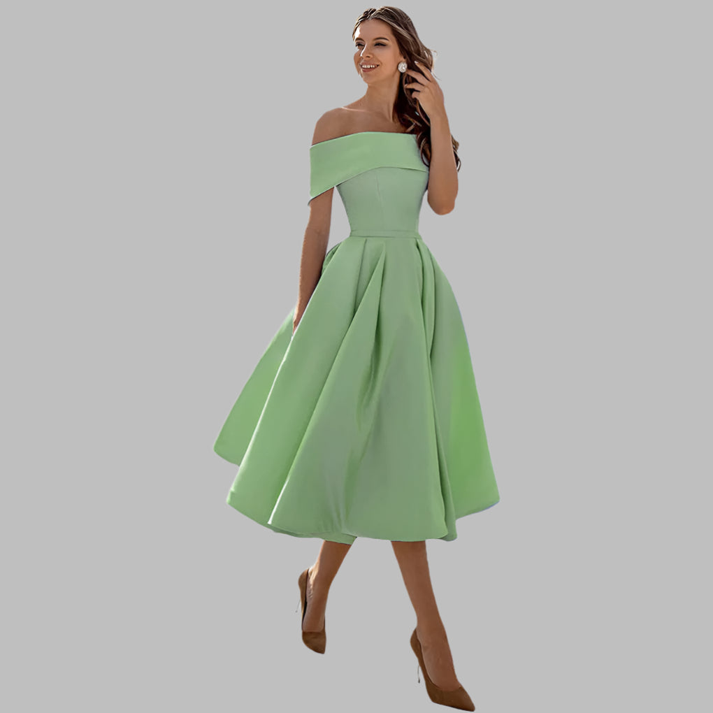 Off-shoulder satijnen vintage galajurk