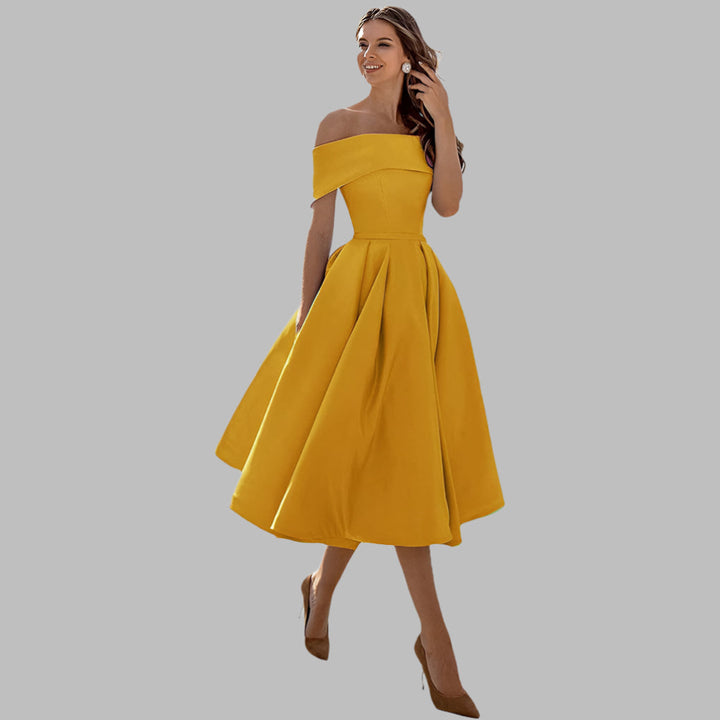 Off-shoulder satijnen vintage galajurk