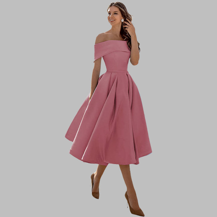 Off-shoulder satijnen vintage galajurk