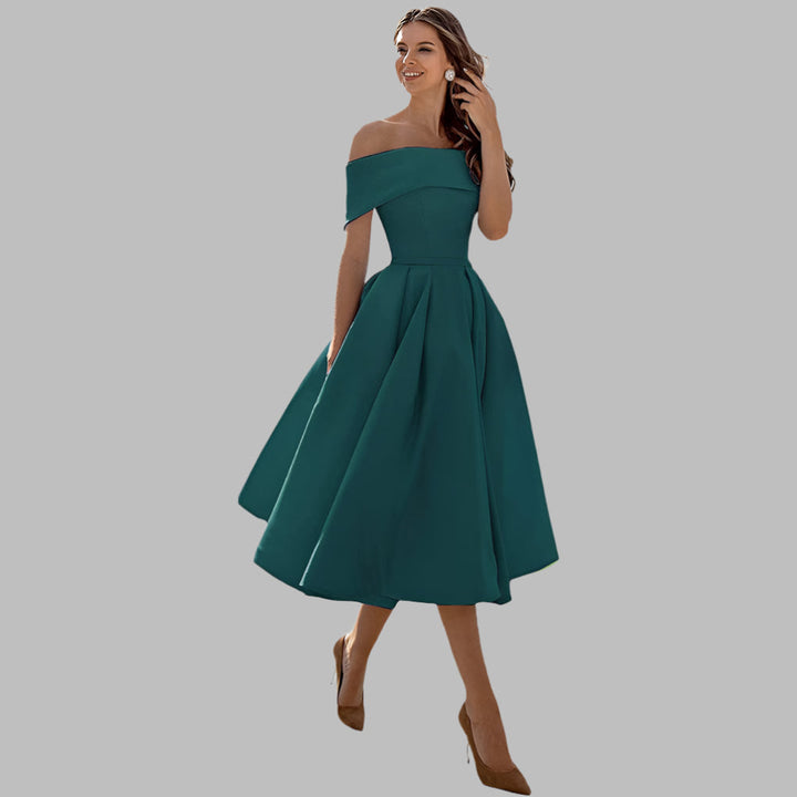 Off-shoulder satijnen vintage galajurk