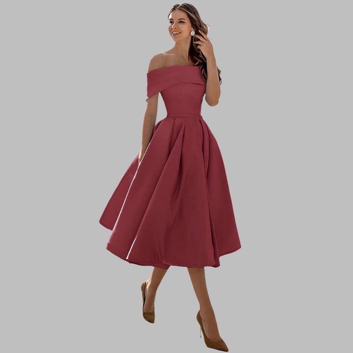 Off-shoulder satijnen vintage galajurk